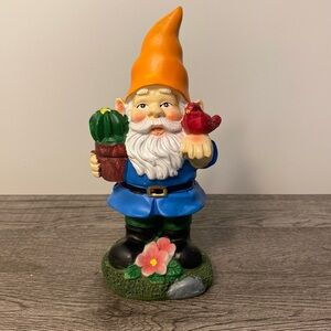 Whimsical Gnome with Red Bird and Green Cactus